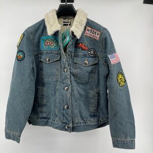 HOOEY Western Denim Sherpa Lined Jacket Colorful Patches Southwest Flag XL NEW